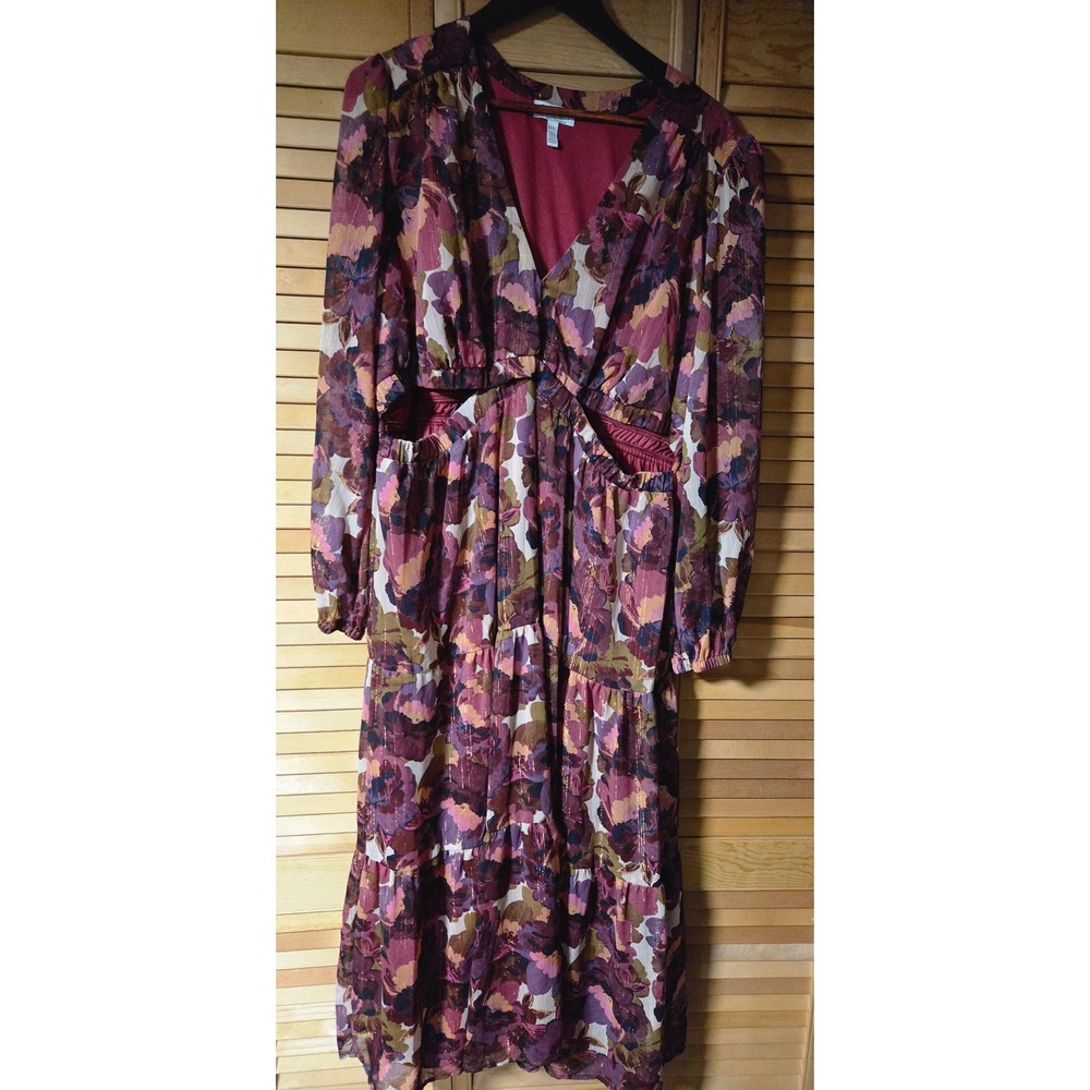 Sofia Vergara Floral Cut-Out Maxi Dress Burgundy Gold Metallic XXXL